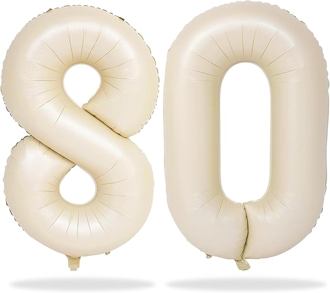 80th Birthday Balloons Cream for Women, 40 Inch Giant Beige Foil Number 80 Balloons Self Inflating, Ivory White Sand Digit 8 & 0 Helium Balloons for Men 80th Anniversary Party Decorations Supplies