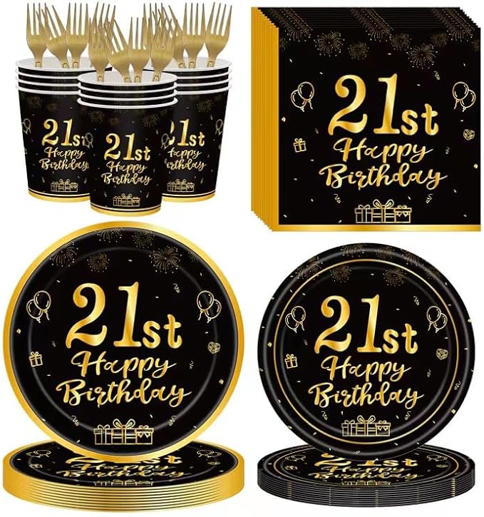 120Pcs 21st Birthday Party Supplies Plates Napkins Cups Forks Tableware Set Gold Black Happy 21st Birthday Themed Disposable Tableware Decoration Serves 24 Guests for Him Men 21 Years Old