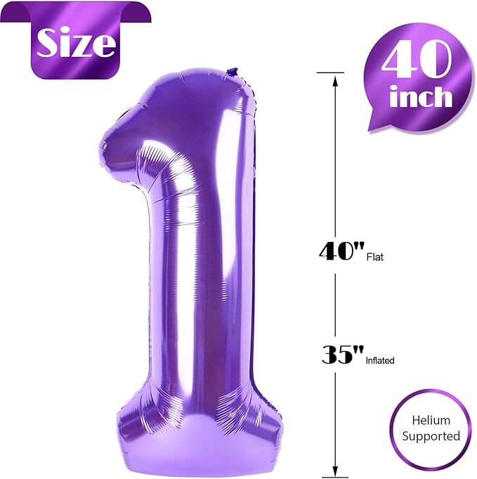 Purple Number 1 Balloon for First Birthday 40 Inch, 1st One Number Balloons Birthday Decorations for Girl Boy Toddler Baby