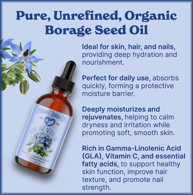 Natural Born Oils Borage Seed Oil, 8oz, Organic, Cold-Pressed, Carrier Oil, Omega-6 Rich, Skin Moisturizer, Hair Health Enhancer