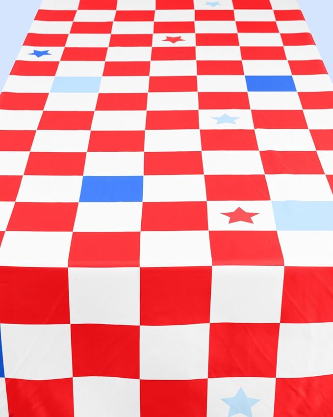 xo, Fetti Fourth of July Washable Tablecloth - 9ft. | USA Red White and Blue Party Decorations, American Flag Party Supplies, 4th of July Patriotic Decor, Stars and Stripes Tableware
