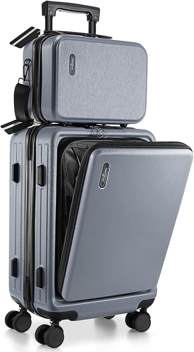 TRAVELARIM 20 Inch Carry On Luggage 22x14x9 Airline Approved, Carry On Suitcase with Wheels, Hard-shell Carry-on Luggage, Durable Luggage Carry-On, Grey Small Suitcase with Cosmetic Case