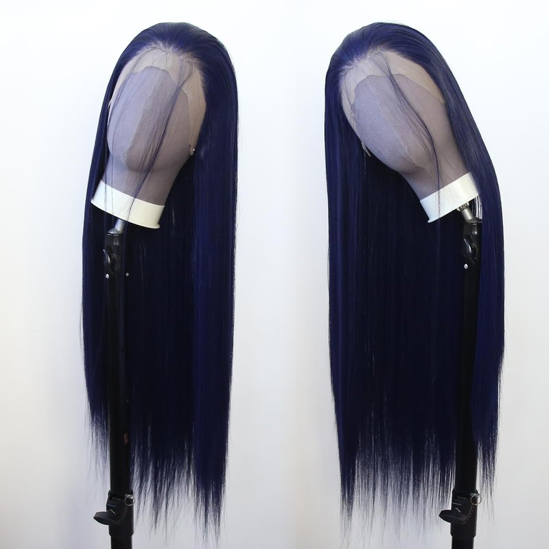 zigzag hair Dark Blue Wig Long Straight Navy Blue Synthetic Lace Front Wigs for Fashion Women Pre Plucked with Natural Hairline Heat Resistant Fiber Hair Glueless Synthetic Lace Wig (Dark Blue)