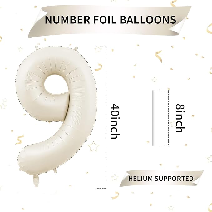 40 Inch Cream Number 9 Balloon, Beige Large 9th Birthday Balloons, Digital 9 Cream White Giant 9 Foil Balloon Helium for Boys Girls 9th Birthday Decorations Anniversary Baby Shower Party Decoration