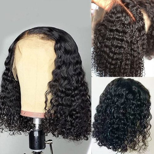 Sol Soal 12 inch Water Wave Human Hair Deep Curly Short Bob Lace Front Wigs 13x4 Transparent Lace Frontal Wigs for Black Women Glueless Wet and Wavy Lace Front Wigs Human Hair