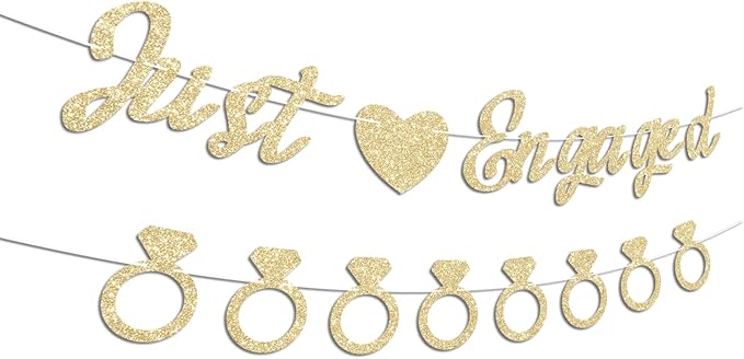 Just Engaged Banner, No DIY, Glitter Champagne Gold Engagement Party Decorations and Diamond Ring Banner Sign for Bridal Shower Wedding Shower Bachelorette Party Decorations.
