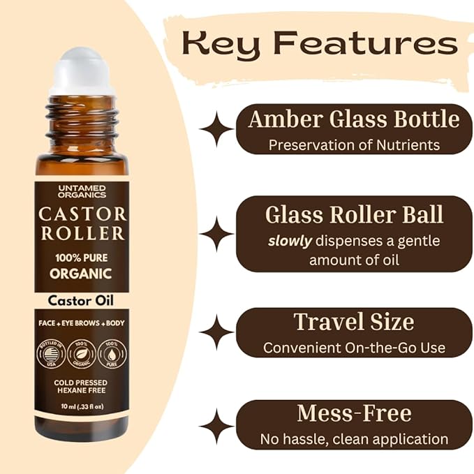 100% Organic Castor Oil Roll On For Eyebrows, Lips, Under Eyes, Eyelashes, Cuticles - Mess Free Roller Ball - Certified Organic, Cold Pressed, Hexane Free - Travel Sized Glass Bottle
