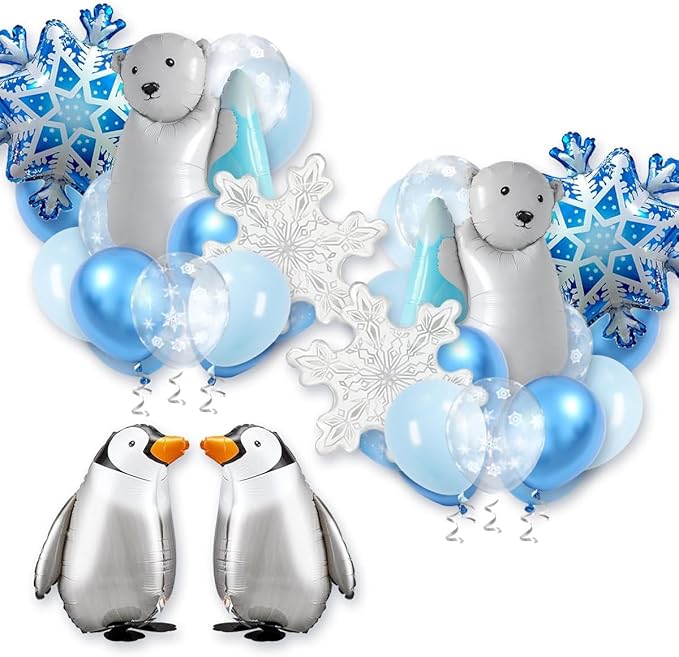 38 Polar Theme Balloons Set - Polar Bear, Penguin, Snowflakes for Winter, Baby Shower, Birthday, Christmas Party Decoration