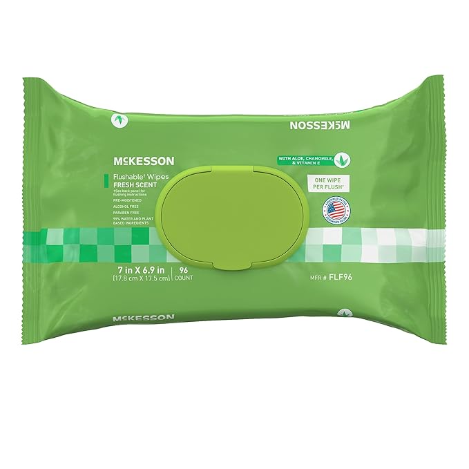 McKesson Flushable* Adult Wet Wipes – 96 Wipes (1 Pack of 96) – Aloe & Vitamin E, Plant-Based Cleansing Wipes, Scented