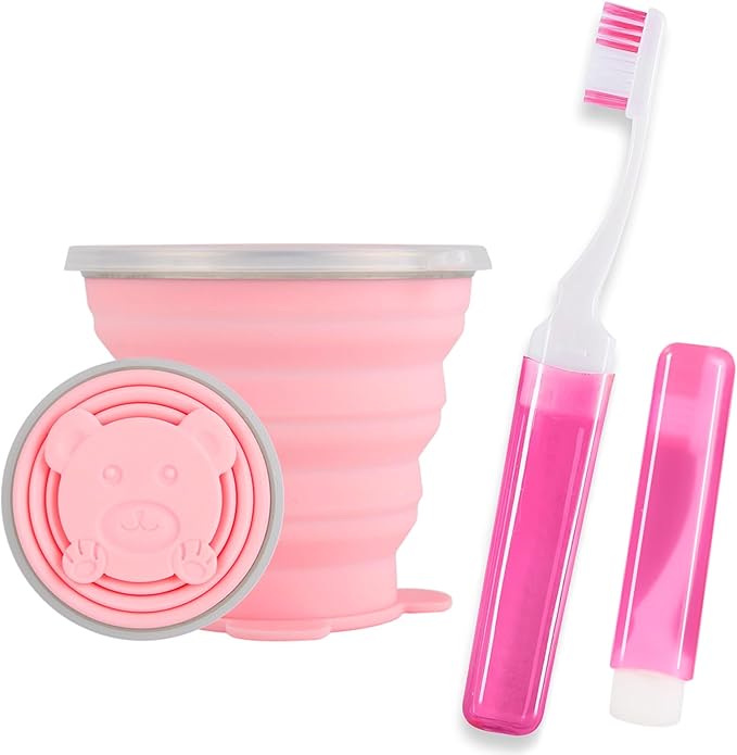 Toothbrush Travel Case, Travel Toothbrush Silicone Collapsible Toothbrush Cup, Travel Toothbrush Set Suitable for Business Camping Travel or Daily Use (Pink)