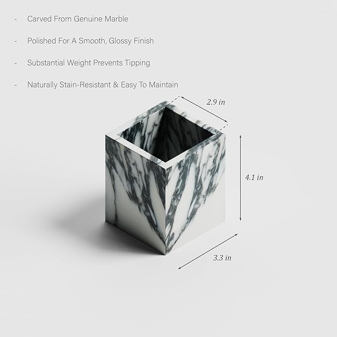 Marble Toothbrush Holder – 4.1" Genuine Stone Bathroom Cup for Makeup Brushes, Pens & Utensils | Natural Marble Organizer for Vanity, Countertop & Home Décor (Arabescato White & Grey)