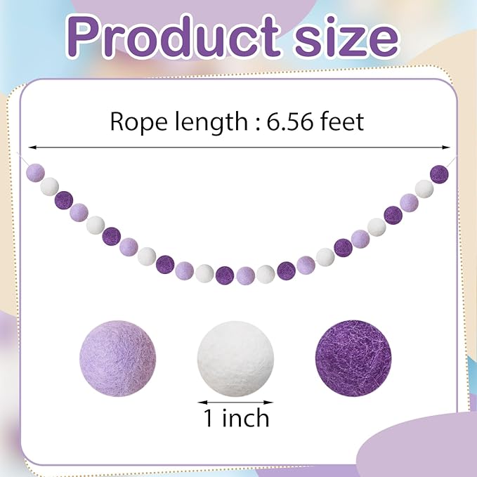 Boao 2 Pieces Wool Felt Ball Garland Colorful Pom Pom Garland Handmade 6.5 Feet Long 24 Balls Felt Banner for Wall Christmas Tree Decoration (Purple,White)