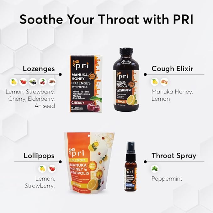 P.R.I Manuka Honey Lozenges with Propolis, Soothing Cough and Throat Drops, MGO 300+ Certified (Cherry, 16 Count/2 Pack)