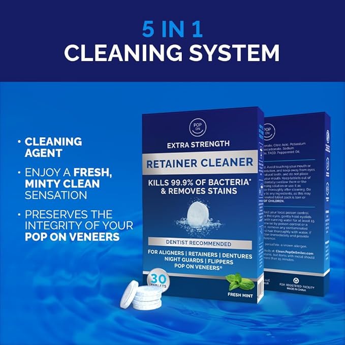 Retainer Cleaning Bundle by Pop On - 30 Retainer Cleaner Tablets, 1 Aligner Cleaner Fresh Foam, 1 Soft Bristle Toothbrush, 1 Mirror Case for Mouth Guards, Night Guards, Invisalign, Veneers, Dentures