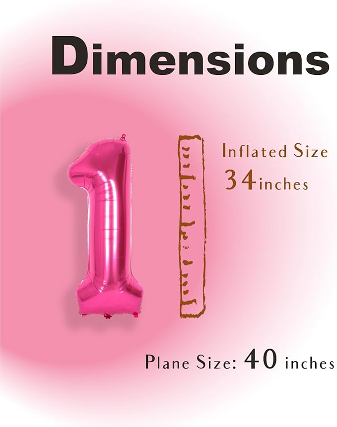 SUWEN 40 Inch Hot Pink Large 1 Balloon Numbers Big Foil Helium Number Balloons 0-9 Jumbo Happy 1st Mylar Birthday Party Decorations for Baby Girl Anniversary Party Supplies