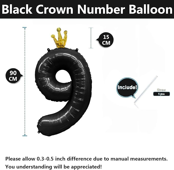 Black Number 9 Balloon with Crown, 40 inch Black Number Balloon 9th Birthday Party Decoration black Crown Balloons 0-9 for Birthday Party Anniversary Decorations Supplies