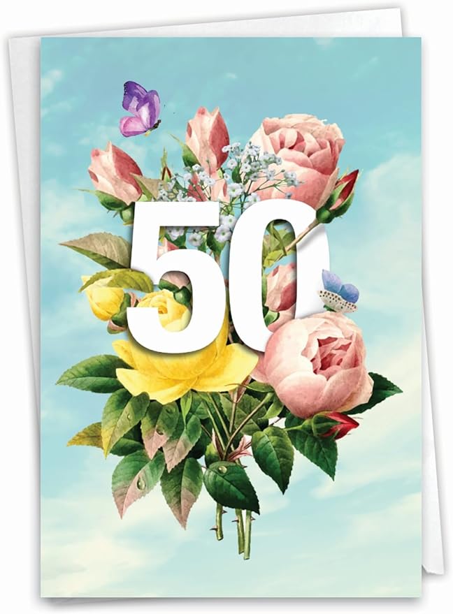 NobleWorks - 50th Funny Card for Birthday - Milestone Bday of 50 Years, Celebrate and Congrats Notecard with Envelope - Floating Numbers 50 C9457CMBG