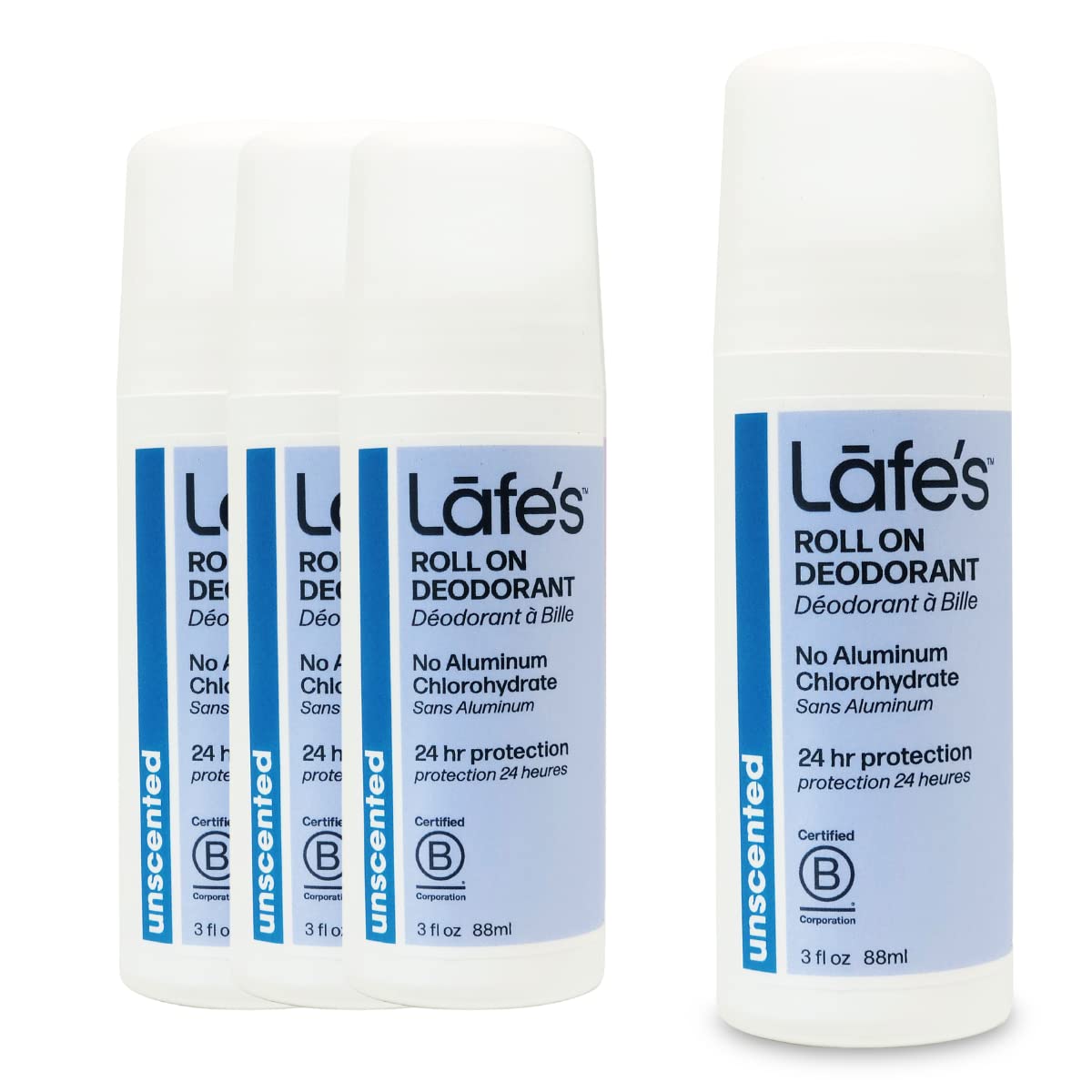 Lafe's Natural Deodorant | 3oz Roll-On Aluminum Free Natural Deodorant for Men & Women | Paraben Free & Baking Soda Free with 24-Hour Protection | Unscented | 4 Pack
