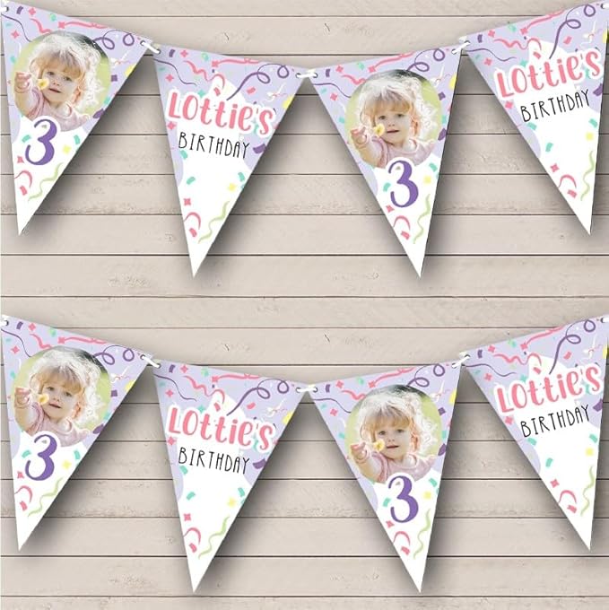 Pink Purple Confetti Photo Age Personalized Birthday Party Bunting - Hanging Party Decoration - Birthday Party Banner Garland | Decorative Party Supplies