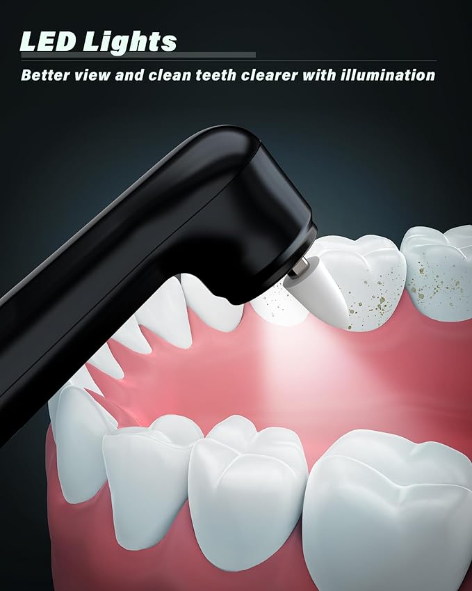 Tooth Polisher, Rechargeable Tooth Whitening Kit for Teeth Cleaning and Whitening, with 3 Tooth Polish Paste and 5 Brush Heads, LED Light, Easy to Use at-Home Personal Dental Care Kit (Black)