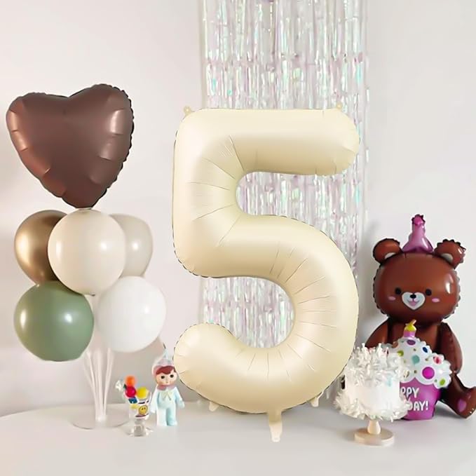 Number 5 Balloon Beige,40 Inch Large Cream Foil 5 Helium Balloons for Boys Girls Birthday Anniversary Decorations