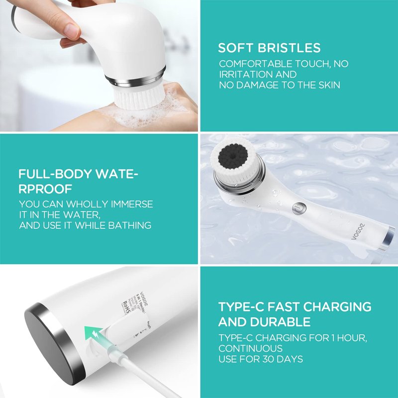 VOGOE Facial Cleansing Brush Rechargeable, Spin Face Wash Brush IPX7 Waterproof Electric Face Scrubber Exfoliator, 3 Speeds & 5 Brushes for Cleansing and Exfoliating, White