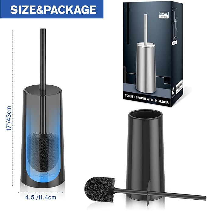Toilet Brush and Holder, Toilet Brush Stainless Steel, Toilet Bowl Brush for Bathroom Toilet-Ergonomic, Elegant,Durable (Black)