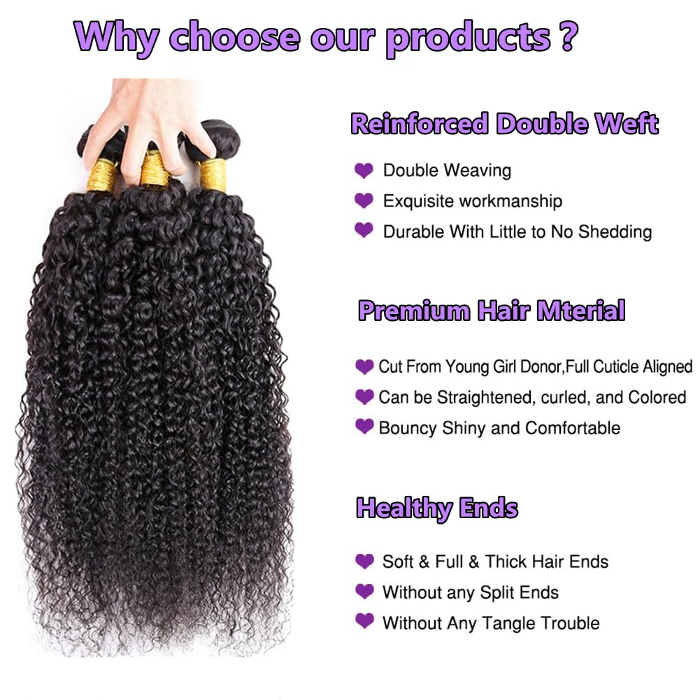Ladiaryf Kinky Curly Human Hair Bundles Long Brazilian Virgin Curly Weave Bundles Human Hair 100% Unprocessed Double Weft Natural Black Color Can Be Dyed 100g 20 Inch