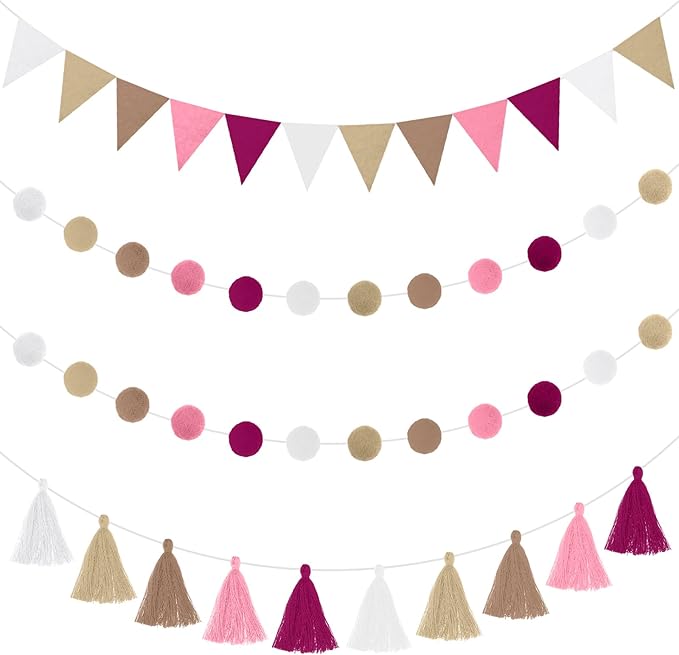 Irenare 9.8ft Pom Pom Garland Felt Rainbow Garland Graduation Party Decoration Colorful Pennant Tassel Banner Birthday Baby Shower Triangle Banner for Classroom School Mantel Fireplace(Pink)