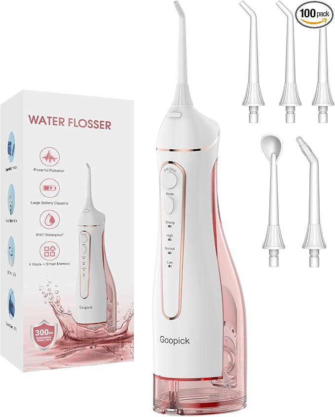 Cordless Portable Water Flosser with 300ML Tank: Rechargeable Oral Irrigator with 5 Tips for Travel, Braces Care and Sensitive Gums, IPX7 Waterproof Teeth Cleaning Device(Pink)