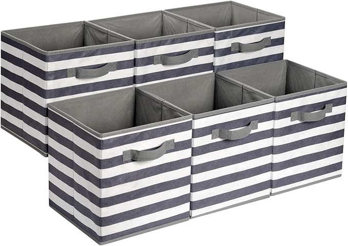 Amazon Basics Cube Organizer Storage Bins Handles, Collapsible Fabric, Pack of 6, 13"x13"x13", White/ Light Grey Stripe