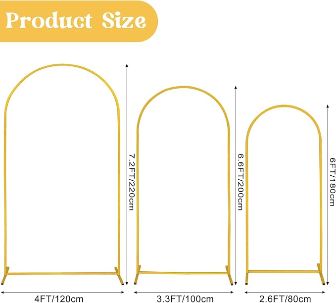 Fivenl Set of 3 Arch Backdrop Stand 7.2FT, 6.6FT, 6FT Gold Wedding Balloon Stand Stable Metal Door Frame for Ceremony Birthday Party Bridal Baby Shower Banquet Decoratio
