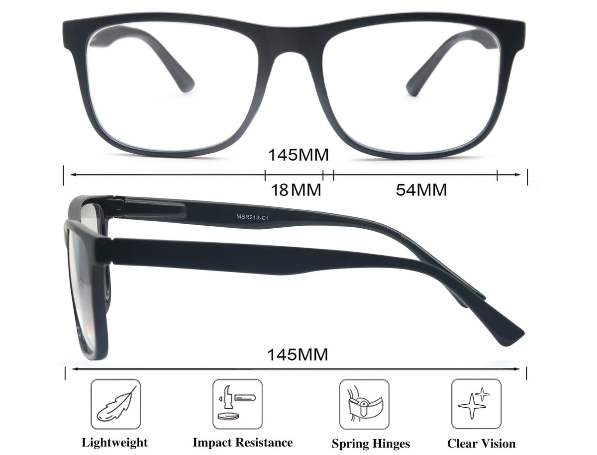 OLOMEE Large Reading Glasses Mens Wide Oversized Readers +1.25 Lightweight Square Eyeglasses for Reading for Big Head Men 4 Pack with Spring Hinge