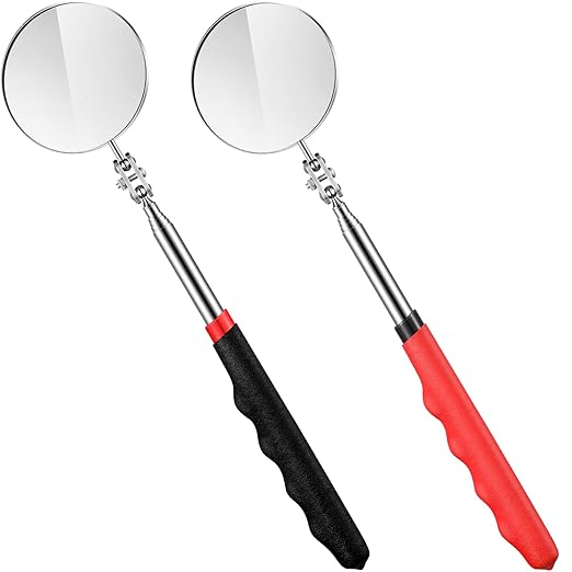 2 Pcs Telescoping Inspection Mirrors, Mechanics Mirror Tool with Long Handle, Round Extendable Mirror on a Stick for Technicians Mechanics Contractors Checking Observation(50mm,Black,Red)