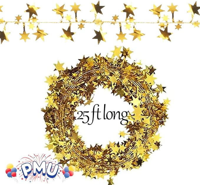 PMU 25 Ft Star Wire Shiny Garland Gold - Halloween, Christmas Party, Wedding, Birthday, Festive Home Decoration Ornament Gold