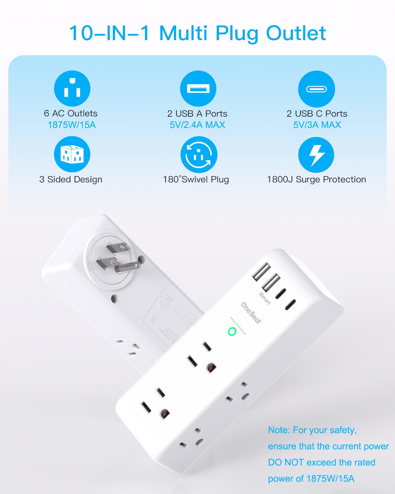 Surge Protector Outlet Extender with Rotating Plug, 6 AC Multi Plug Outlet with 4 USB Ports (3 USB C), 1800 J, 3-Sided Swivel Power Strip with Spaced Outlet Splitter for Dorm Office, White-2 Pack