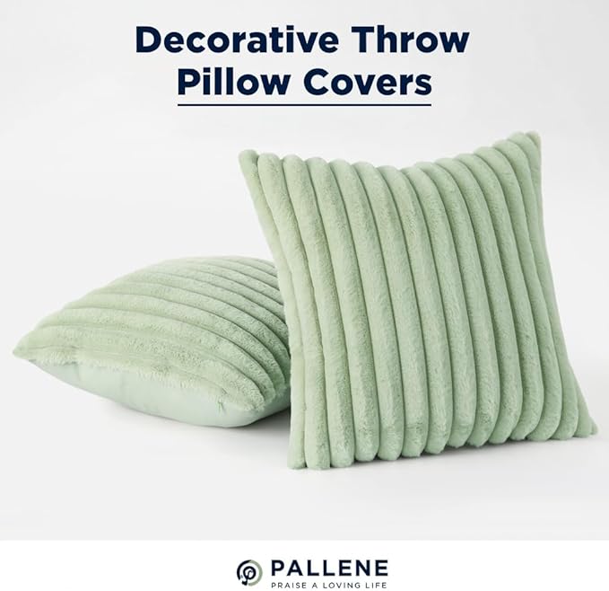 Pallene Faux Fur Plush Throw Pillow Covers 22x22 Set of 2, Luxury Soft Fluffy Striped Decorative Pillow Covers for Sofa, Couch, Living Room, Sage Green