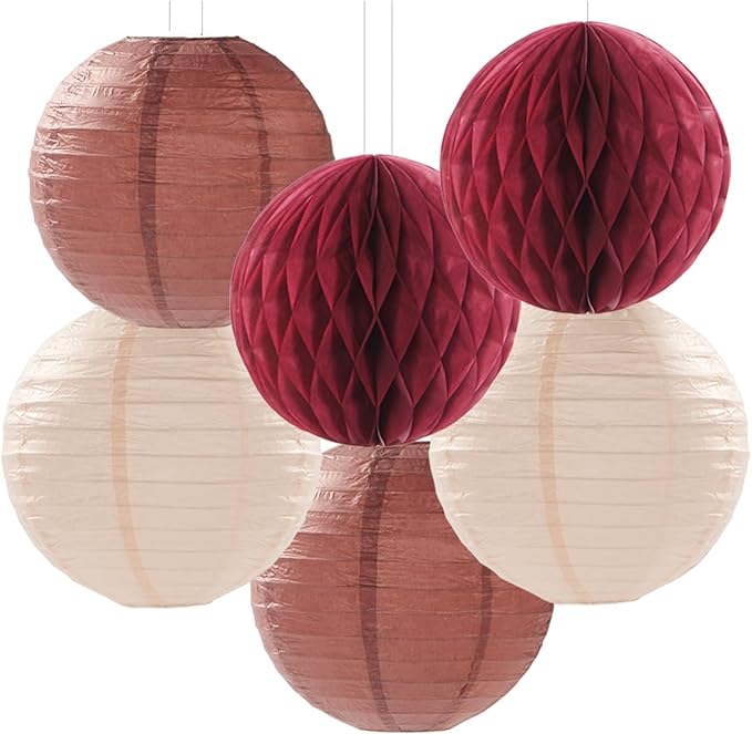Brown Burgundy Champagne Boho Party-Decorations - 14pcs Rustic Wedding Paper Lanterns Fan,Tissue Pom Poms Streamers,Honeycomb,Fall Autumn Birthday Baby Bridal Shower Engagement Decor Lasting Surprise