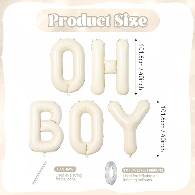 40 Inch Beige Oh Boy Balloons, Large Cream White OH BOY Balloon Letters, Neutral Ivory Sand White Big Alphabet Banner Sign Balloon for Boys Birthday Baby Shower Gender Reveal Party Decorations
