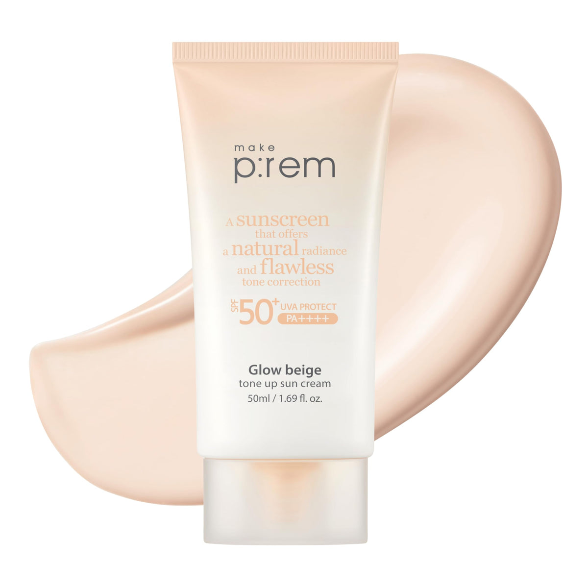 MAKE P:REM Glow Beige Tone Up Sunscreen, Foundation-Free Mineral Sun Care, Skin Tone Correction, Lightweight, Korean Sunscreen, Korean Skin Care, SPF 50, 1.69 fl.oz. (50ml)