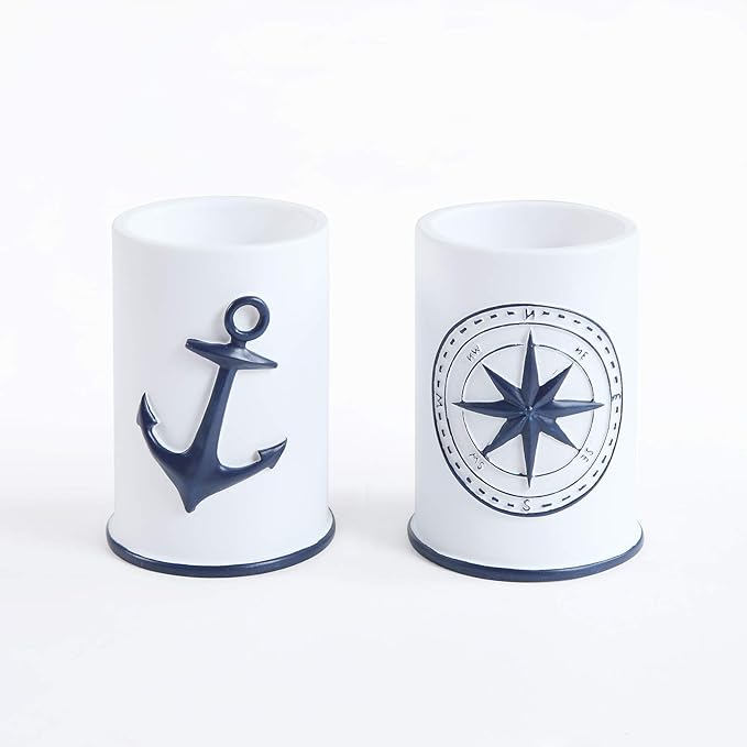 Bathroom Accessories Set 5 Pcs - Soap Dispenser, Toothbrush Holder, Bathroom Tumbler, Soap Dish, Beach Nautical Bathroom Decor - White/Blue