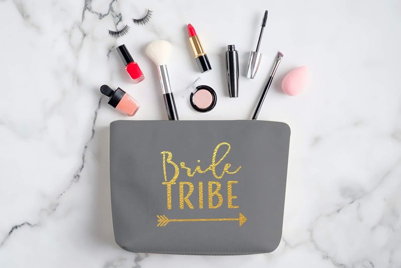 Heather & Willow 6 Piece Set | Bride Tribe Canvas Cosmetic Makeup Clutch Gifts Bag for Bridesmaid Proposal Box & Bridesmaids Bachelorette Party Favors (Grey)