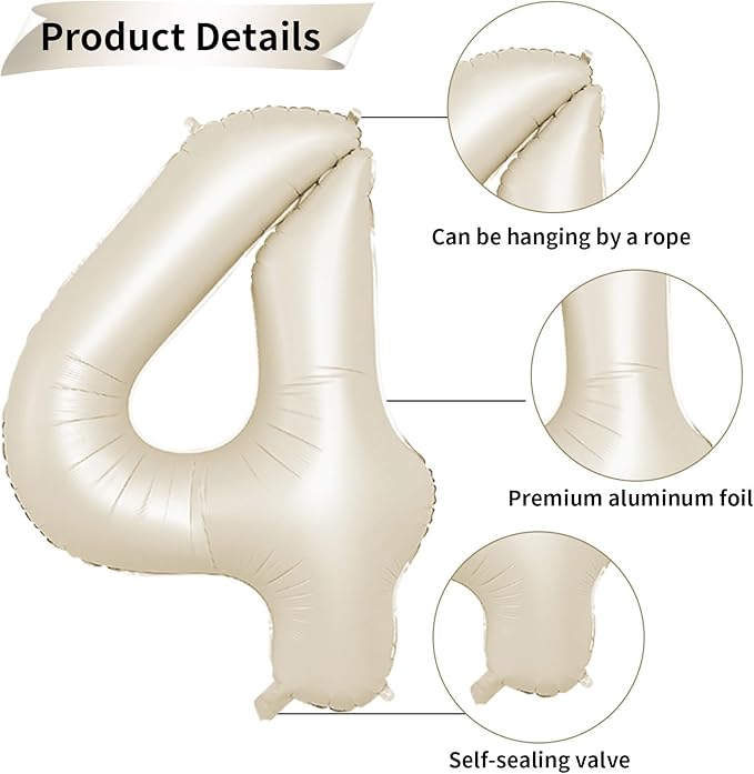 40 Inch Cream Number 4 Balloon, Beige Large 4th Birthday Balloons, Digital 4 Cream White Giant 4 Foil Balloon Helium for Boys Girls 4th Birthday Decorations Anniversary Baby Shower Party Supplies