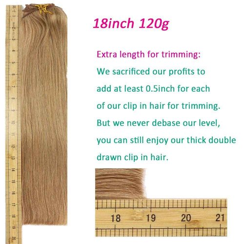 Eufficco Real Human Remy Hair Lace Clip In Hair Extensions 18inch Finsih at 18.5inch 100g Color #18 Dirty Blonde Double Wefted Thick Ends Silky Soft Long Lifespan Tangle Free Human Hair Extensions