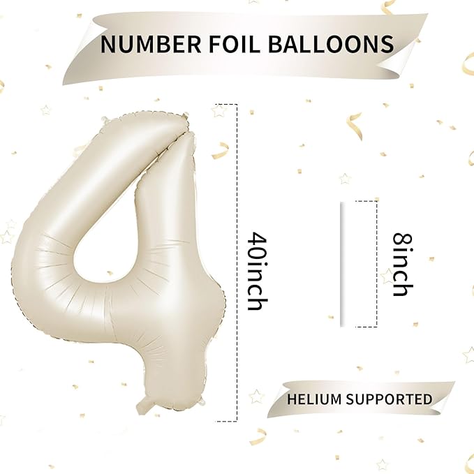 40 Inch Cream Number 4 Balloon, Beige Large 4th Birthday Balloons, Digital 4 Cream White Giant 4 Foil Balloon Helium for Boys Girls 4th Birthday Decorations Anniversary Baby Shower Party Supplies