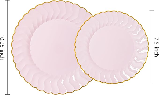 Lullaby 60PCS Pink Scalloped Plastic Plates with Gold Rim, Disposable Elegant Plates Include 30pcs Dinner Plate 10.25", 30pcs Dessert Plate 7.5", Perfect for Daily Use, Wedding and Party