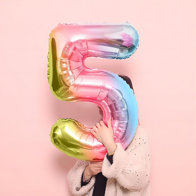 40 Inch Giant Rainbow Number 5 Balloons, Birthday Balloons, Helium Mylar Foil Big Number Balloons for Birthday Party Decorations, Kids' Birthday Anniversary Party Baby Shower Unicorn Parties