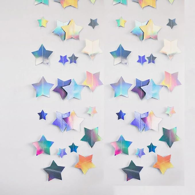 Iridescent Glitter Mixed Star Paper Garland Banner Décor 40 Feet Mixed Little and Large Twinkle Star Hanging Bunting Banner Backdrop for Wedding Baby Shower Birthday Graduation Disco Party Decorations