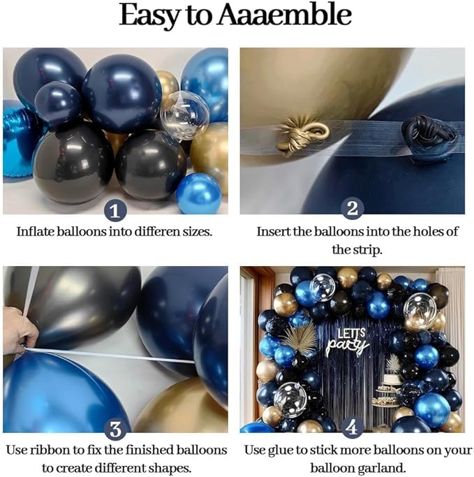 Navy Blue Black Balloon Arch Double Stuffed Dark Royal Blue Black Gold Balloon Garland Kit Banner Fringe Curtain Foil Balloons for Birthday Graduation Wedding Anniversary Space Baby Shower Decor