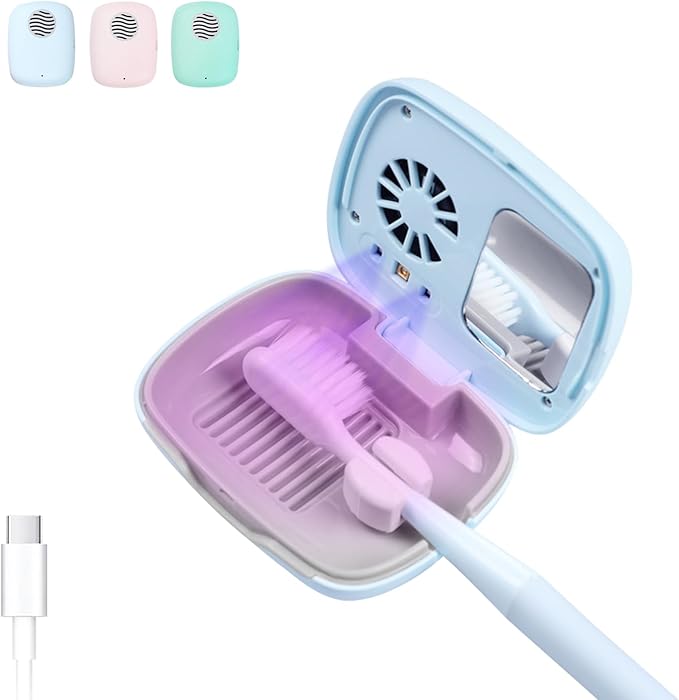 Toothbrush Holder, Toothbrush Cleaner Case, Portable USB Charging Toothbrush Cover with U V-C Light, Travel Toothbrush Holder (Blue-Fan)
